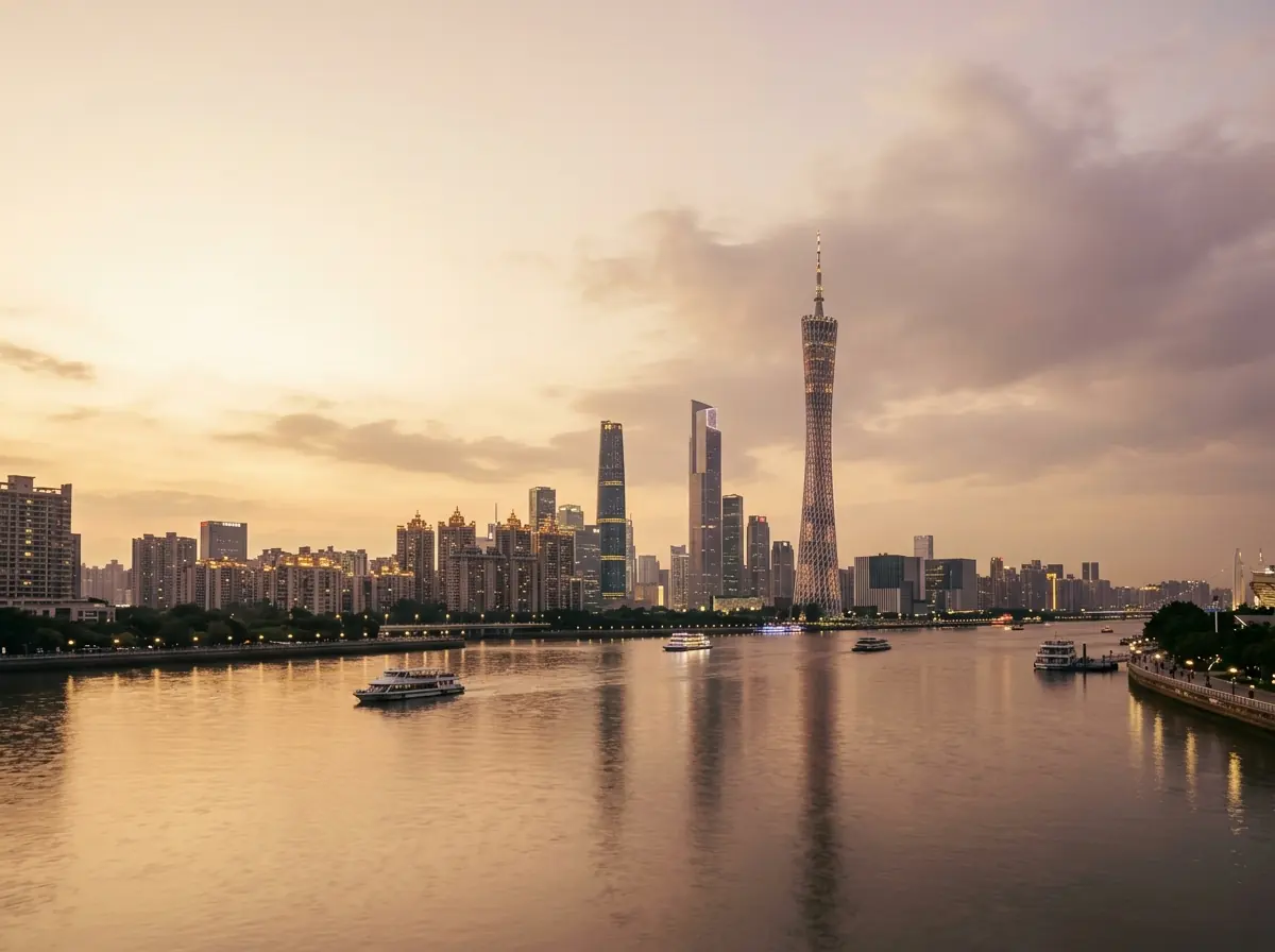 示意图:黄昏时分的广州珠江天际线