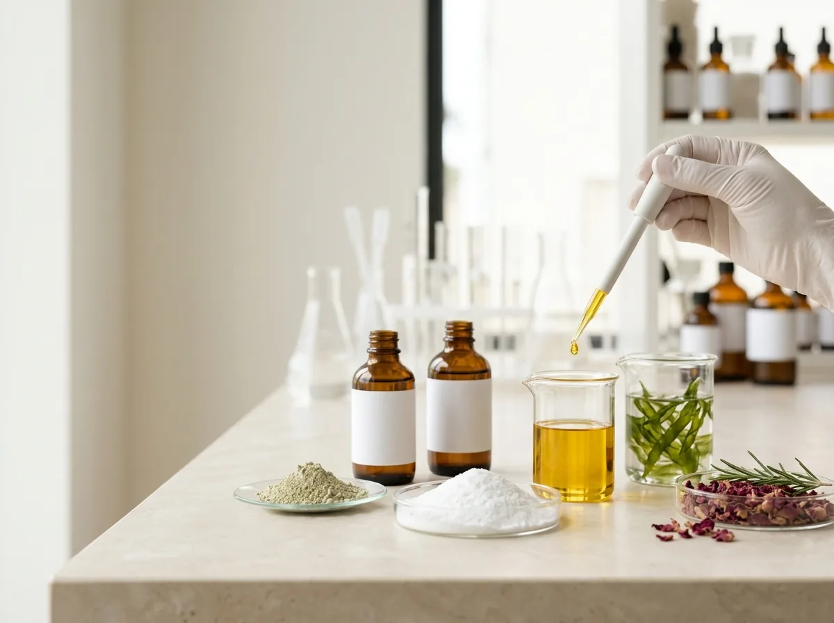 示意图:实验台上的化妆品原料——粉体、植物提取物与油脂